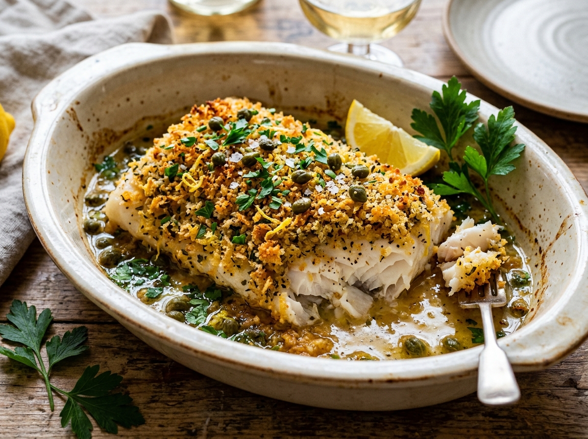 Flaky baked cod fillets topped with crisp lemon herb panko breadcrumbs and capers