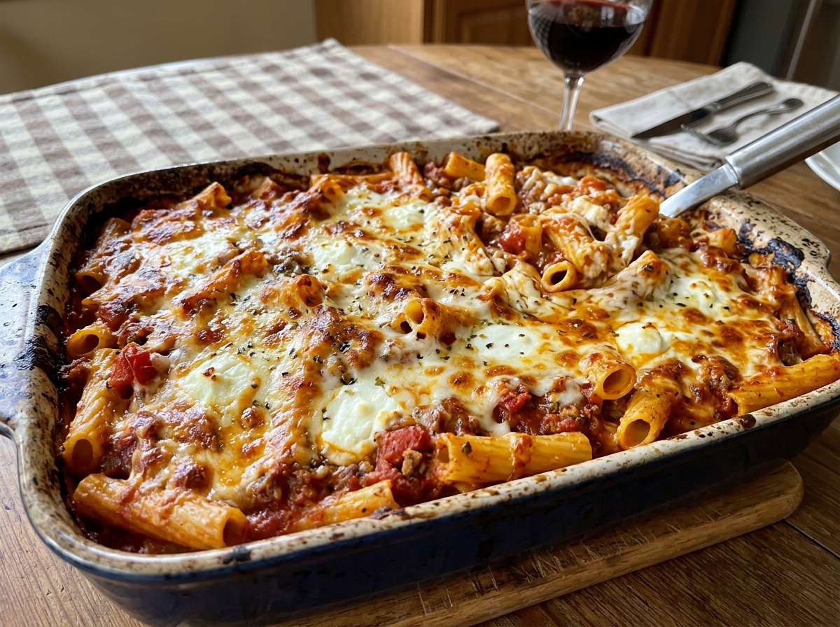 Comforting baked ziti casserole with ricotta, rich tomato sauce, and bubbling mozzarella