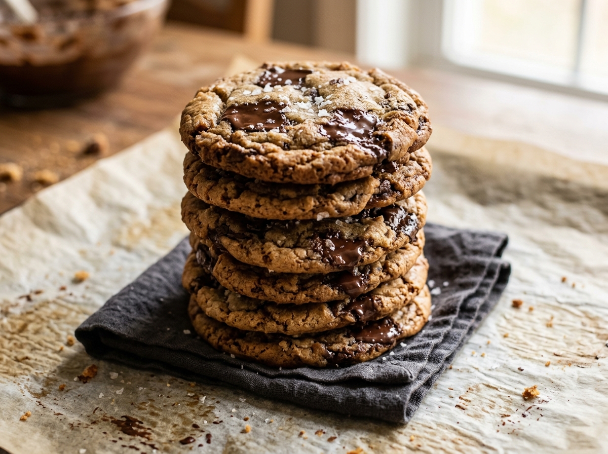Golden brown butter chocolate chip cookies with melted chocolate puddles and flaky sea salt