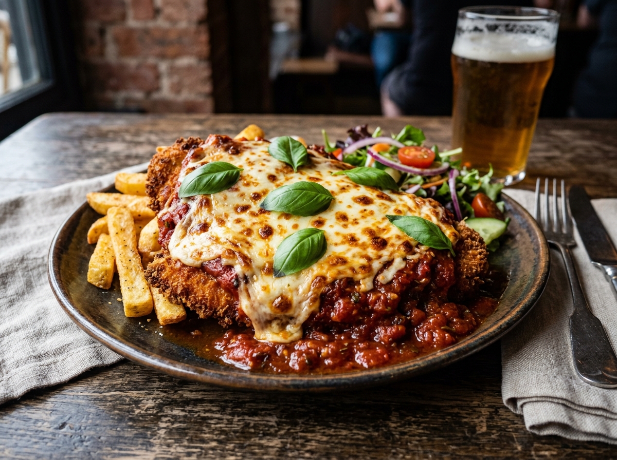 Breaded chicken breast topped with marinara sauce, melted mozzarella, and fresh basil