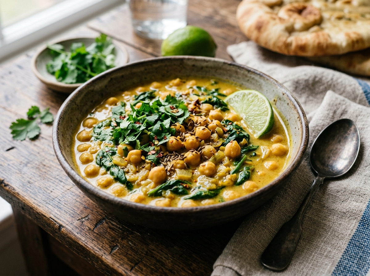 Golden coconut milk curry with chickpeas, wilted baby spinach, and warm aromatic spices