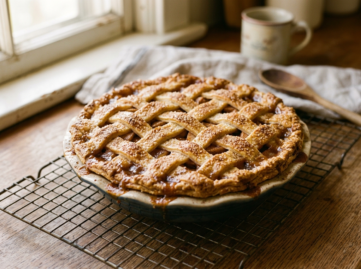 Homemade double-crust lattice apple pie with bubbling cinnamon-spiced apple filling
