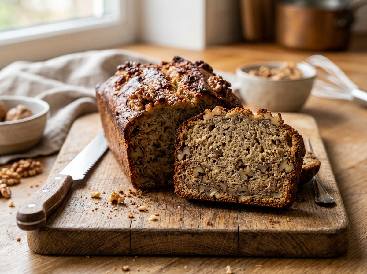 Moist sliced banana bread loaf with toasted walnuts and caramelized golden crust