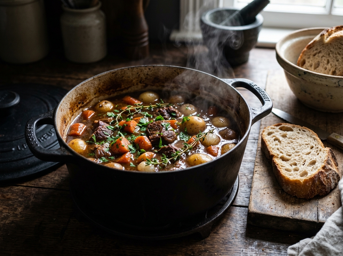 Slow-simmered beef chuck stew with red wine gravy, carrots, potatoes, and fresh thyme