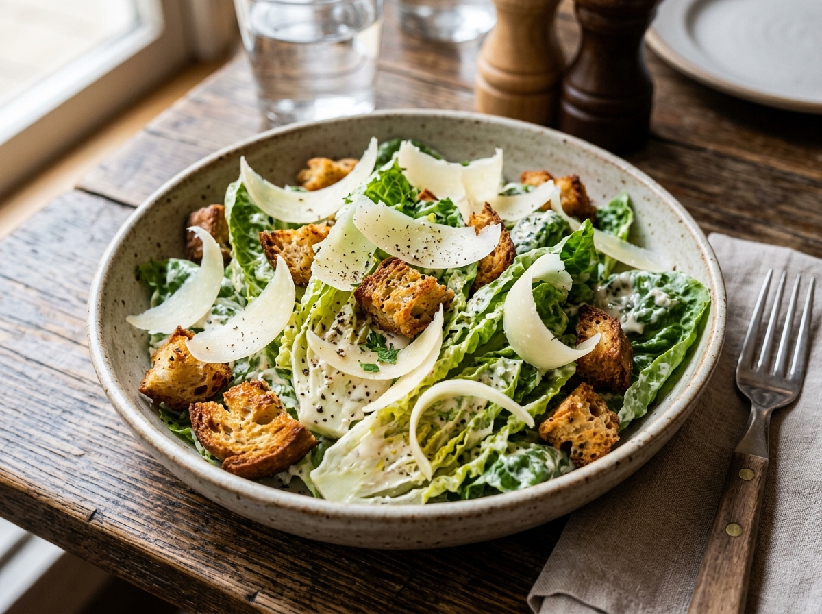 Crisp romaine lettuce hearts with creamy garlic anchovy dressing, shaved parmesan, croutons