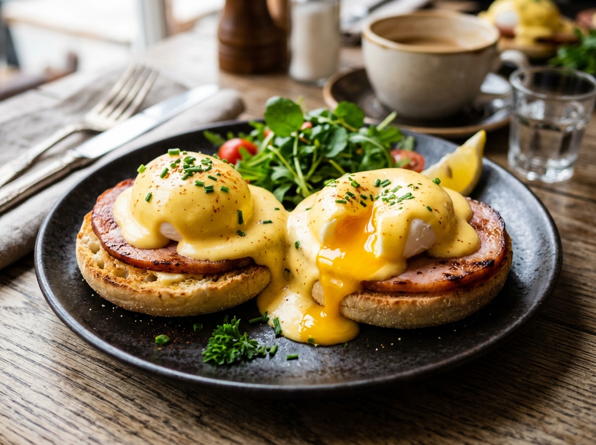 Poached eggs and Canadian bacon on toasted English muffins draped in velvety hollandaise
