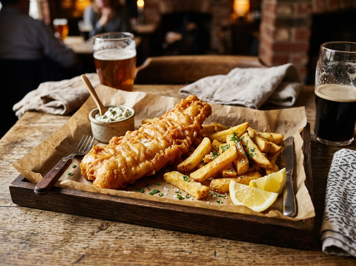 Golden crispy beer-battered cod fillet served with thick-cut chips, lemon, and tartar sauce