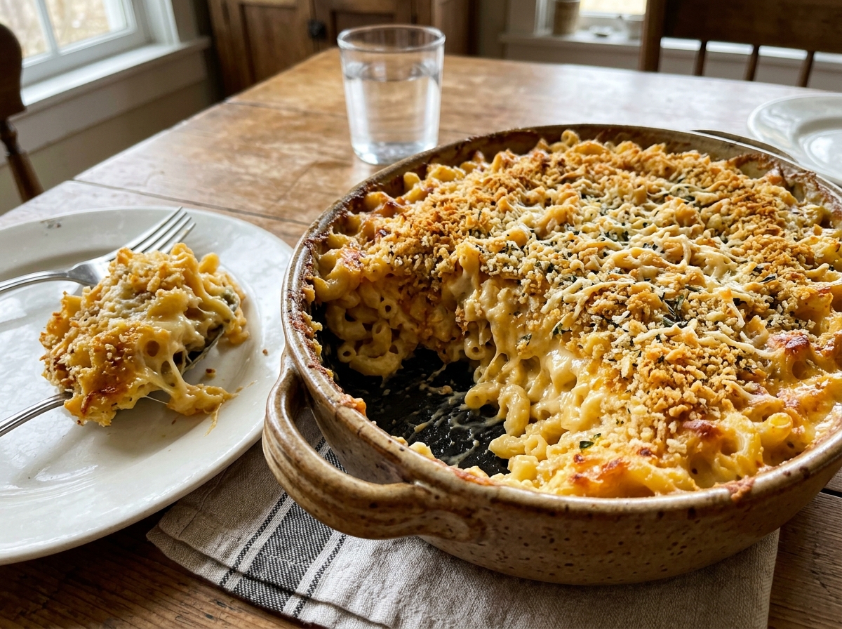 Baked macaroni in creamy sharp cheddar and gruyère sauce with golden breadcrumb crust