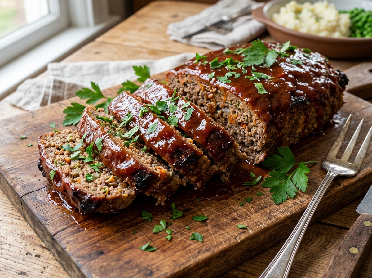 Sliced homestyle beef and pork meatloaf with sweet and tangy caramelized tomato glaze