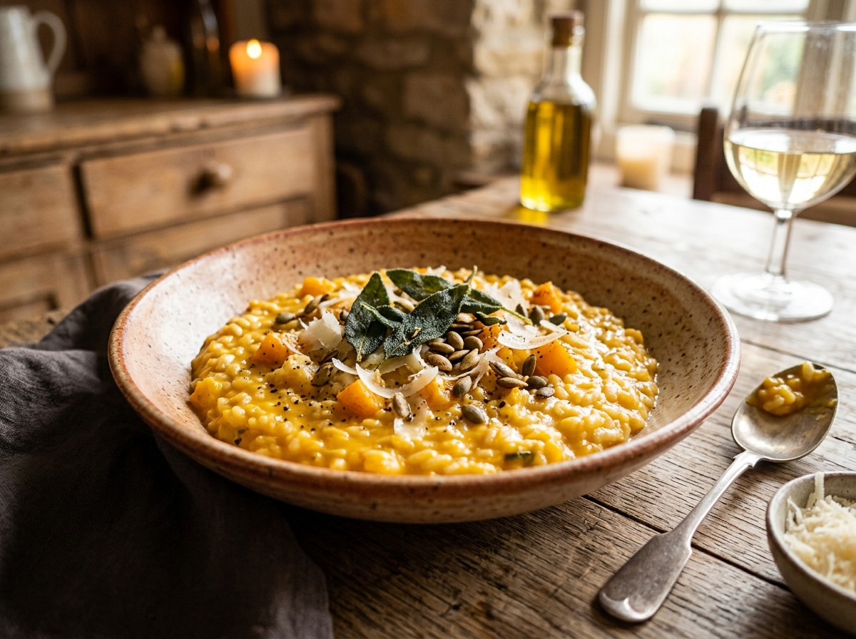 Velvety butternut squash risotto garnished with crispy fried sage leaves and shaved parmesan