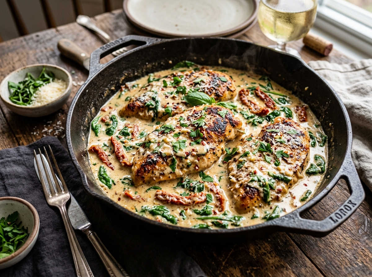 Pan-seared chicken cutlets in sun-dried tomato, spinach, and garlic parmesan cream sauce