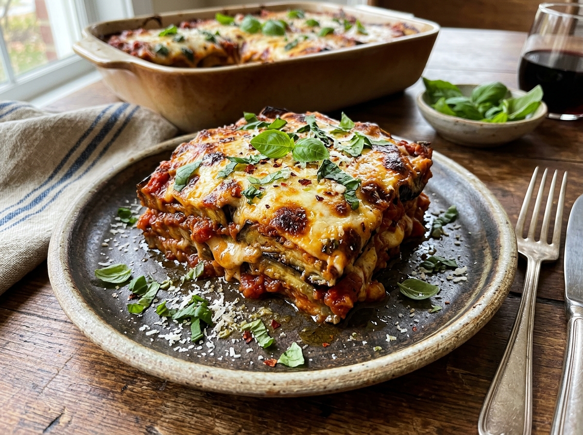 Layered baked eggplant slices with tomato basil sauce, melted mozzarella, and parmesan