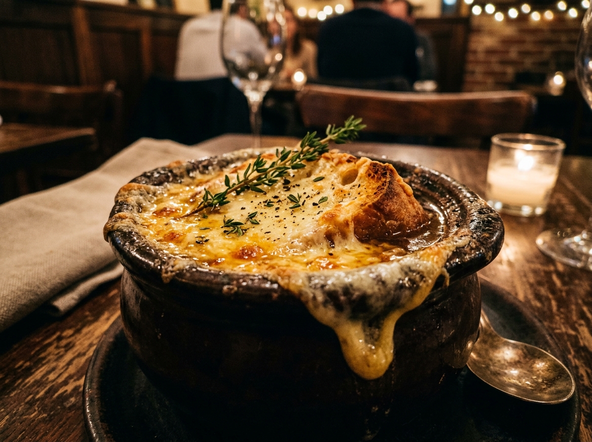 Caramelized onion soup in ceramic crock topped with toasted baguette and melted Gruyère