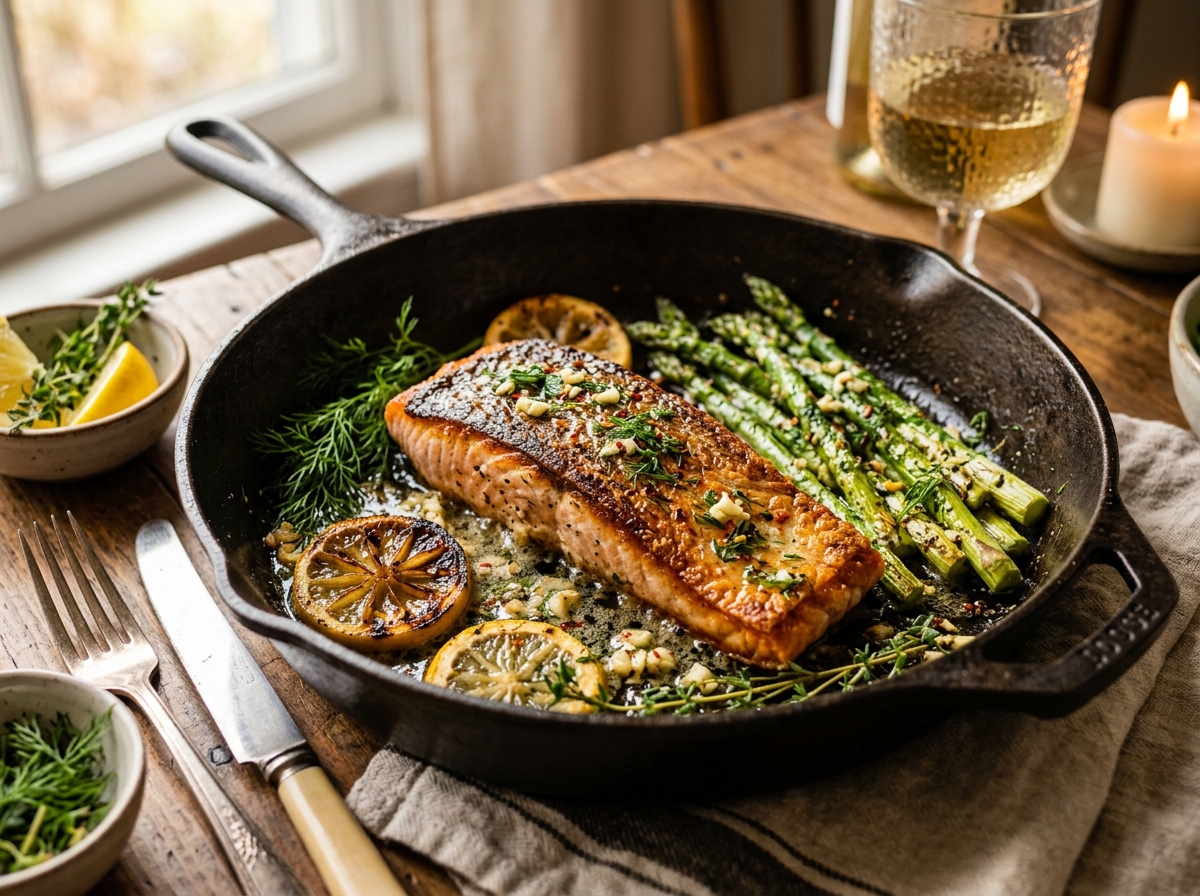Pan-seared salmon fillet with crispy skin basted with garlic butter, lemon, and fresh dill