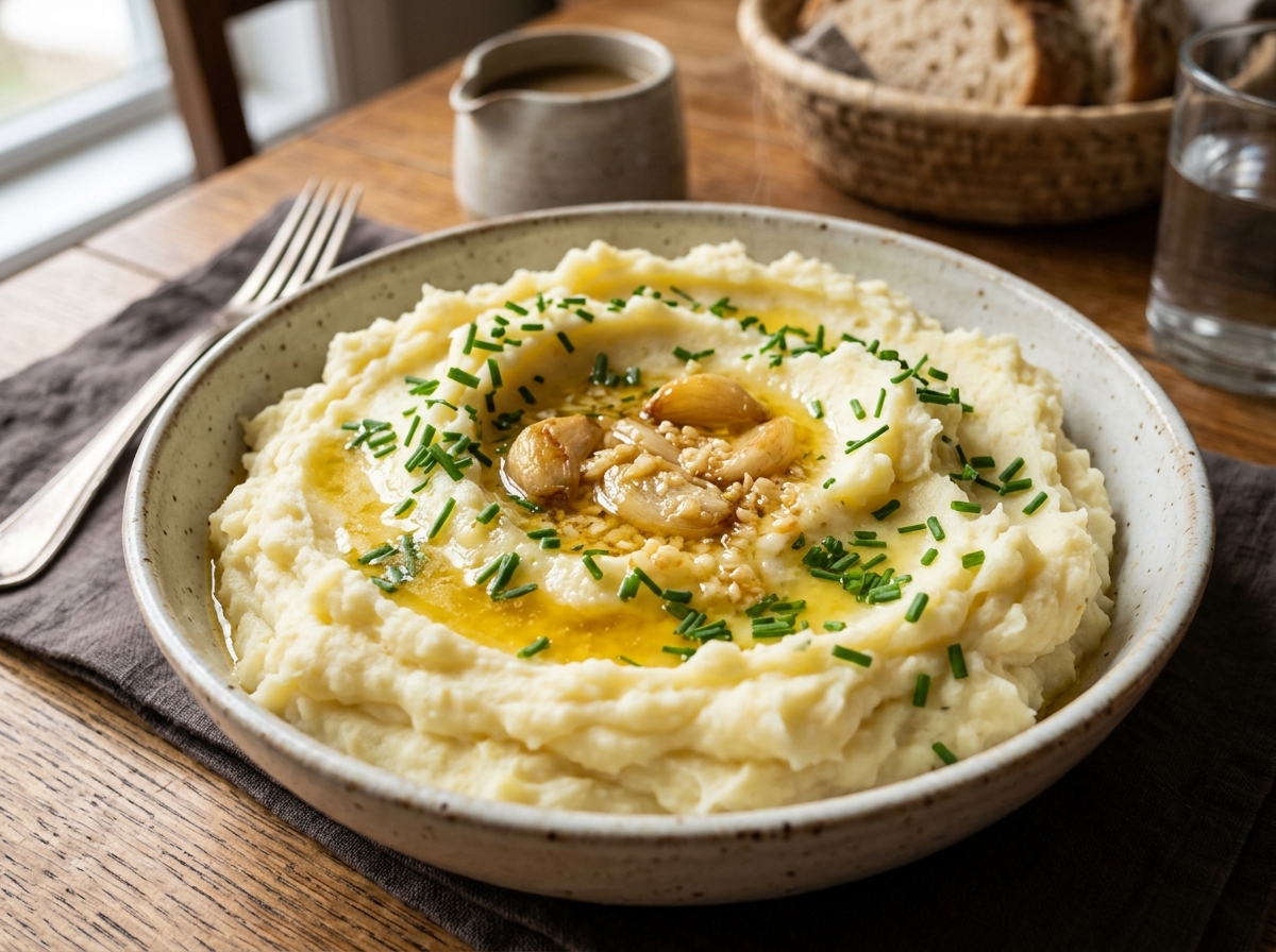 Fluffy Yukon Gold mashed potatoes whipped with roasted garlic butter and fresh chives