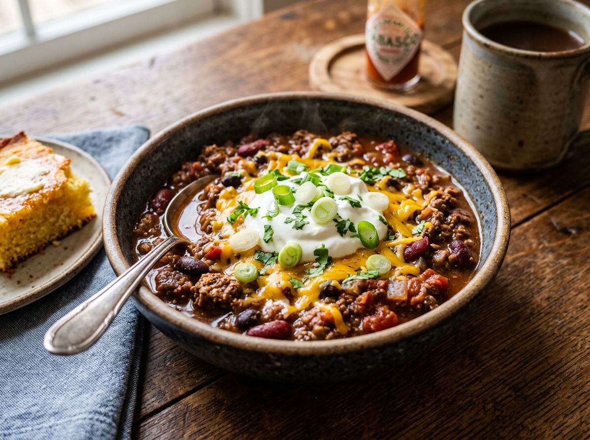 Thick beef and bean chili in a bowl with melted sharp cheddar, sour cream, and scallions