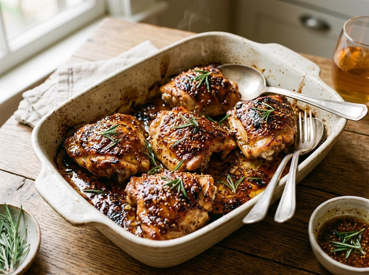 Glazed golden chicken thighs coated with whole grain Dijon mustard and honey glaze