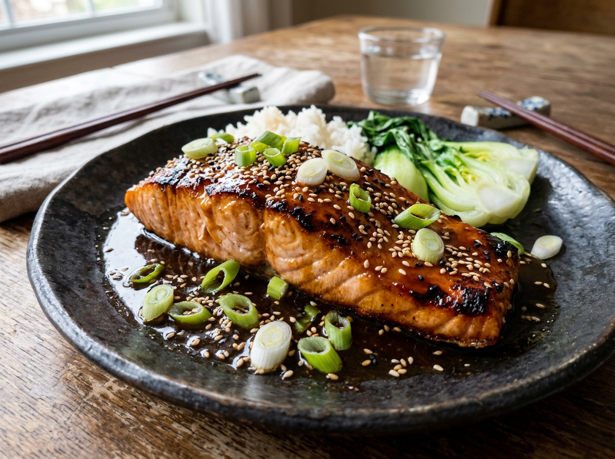 Pan-seared salmon fillets coated with glistening ginger honey soy glaze and toasted sesame