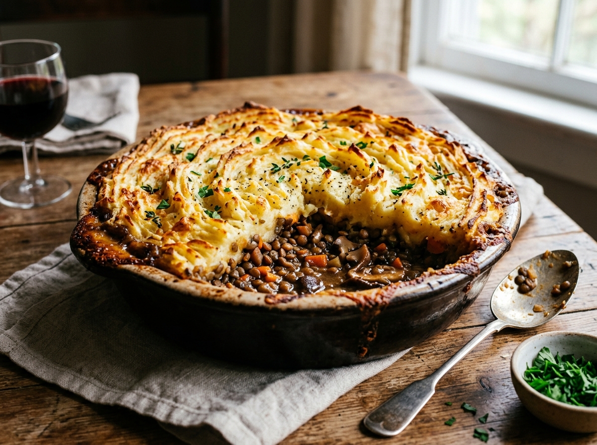 Earthy cremini mushroom and brown lentil filling under golden browned mashed potatoes