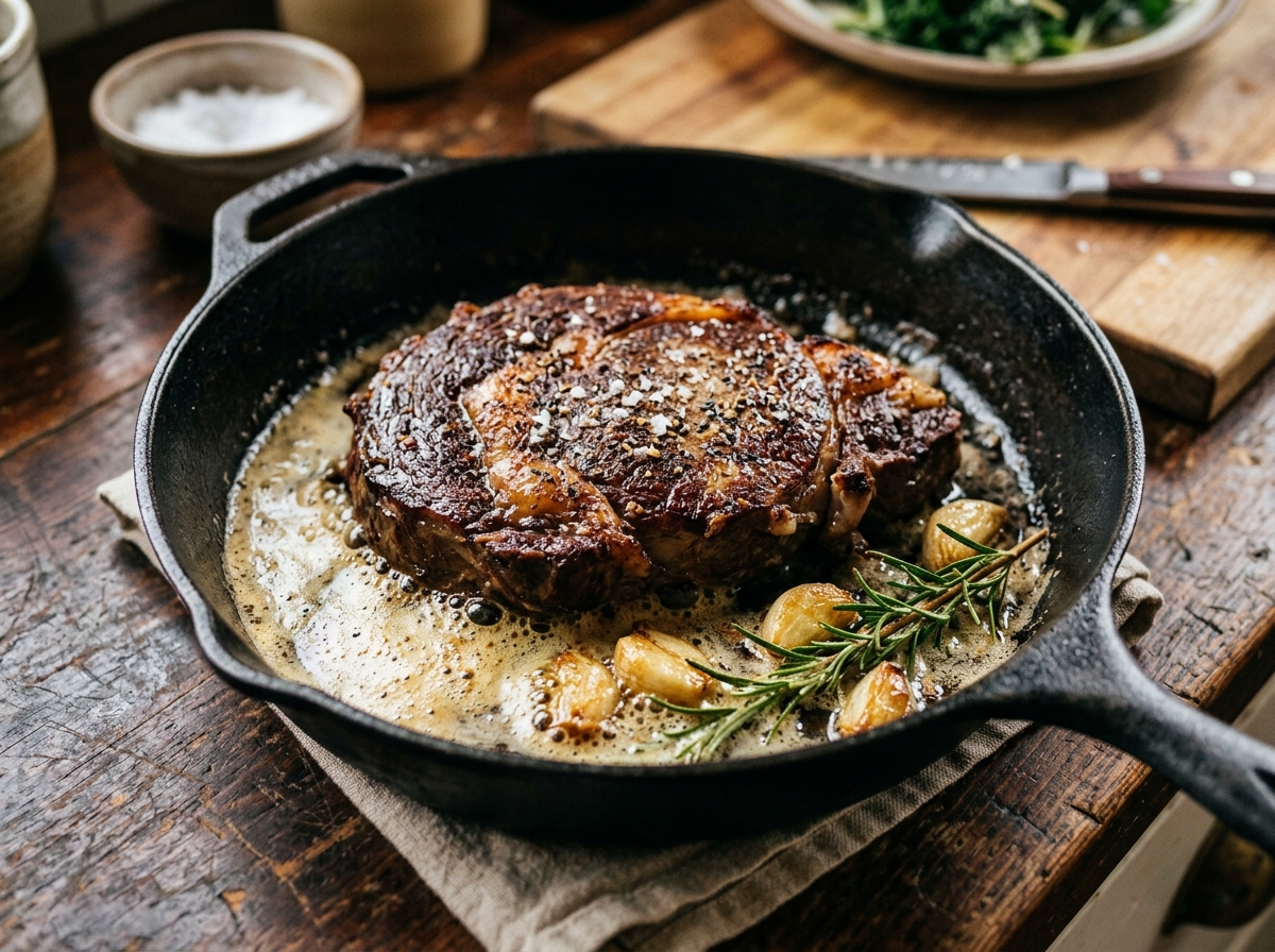 Pan-seared ribeye steak in cast iron skillet basted with rosemary garlic butter