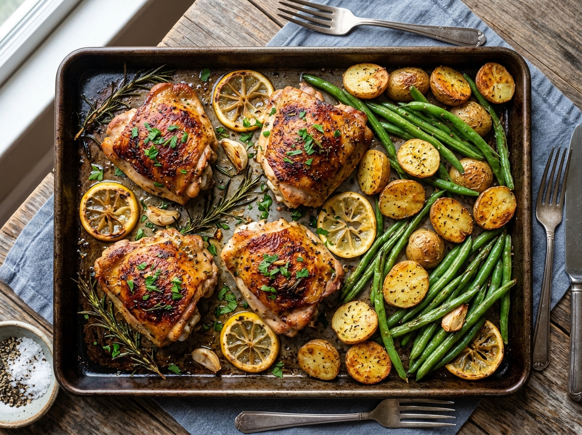 Roasted lemon herb chicken thighs with crispy baby potatoes and fresh rosemary