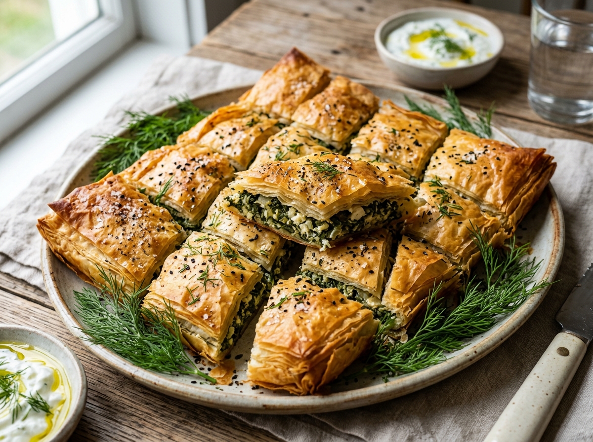 Crisp golden phyllo pastry triangles filled with spinach, dill, scallions, and tangy feta