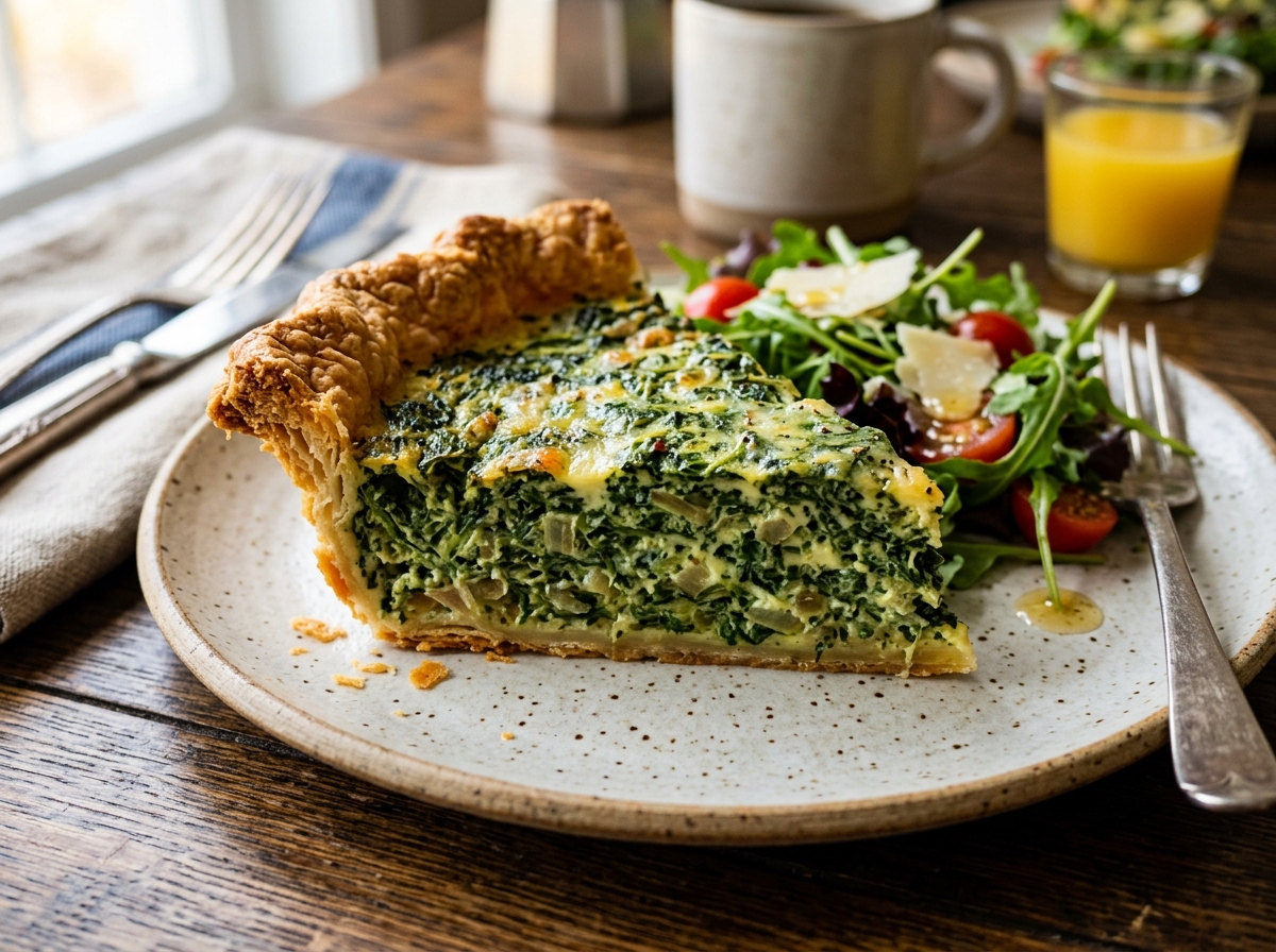 Flaky butter pastry quiche filled with tender sautéed spinach, shallots, and Swiss Gruyère