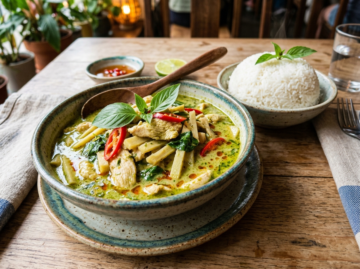 Fragrant green coconut curry with sliced chicken, bamboo shoots, and Thai sweet basil